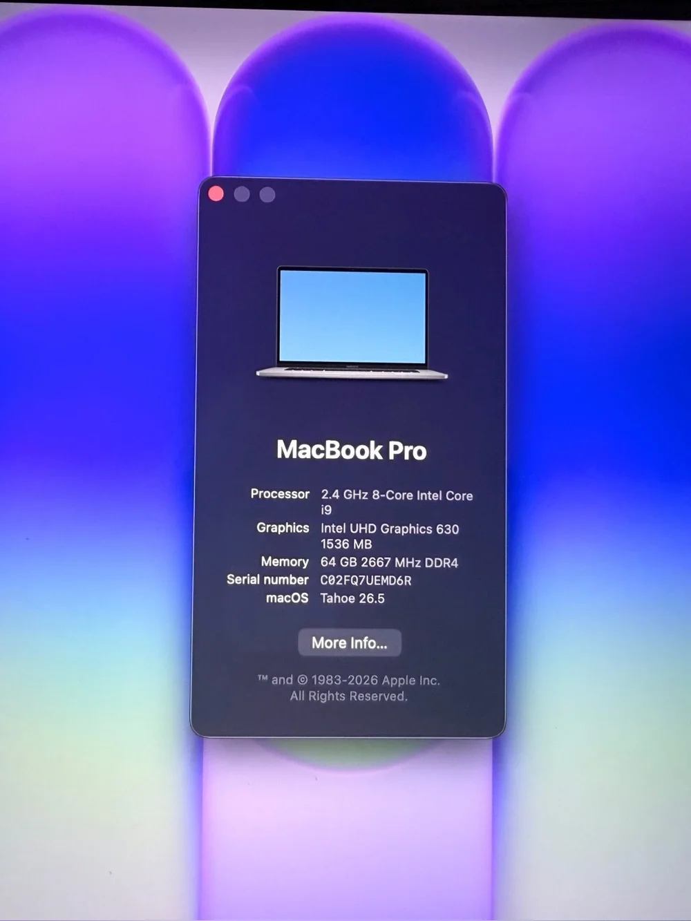 Apple MacBook Pro 16 Inch intel i9 64 GB RAM, 1 TB SSD